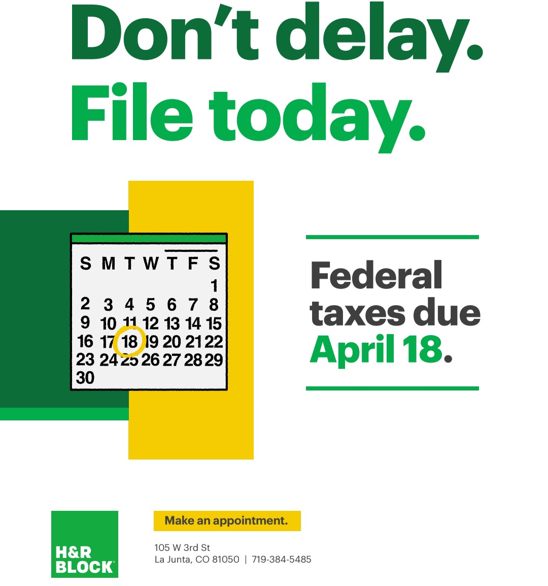 SECO NEWS H&R Block Don't Delay. File Today. Federal Taxes Due April